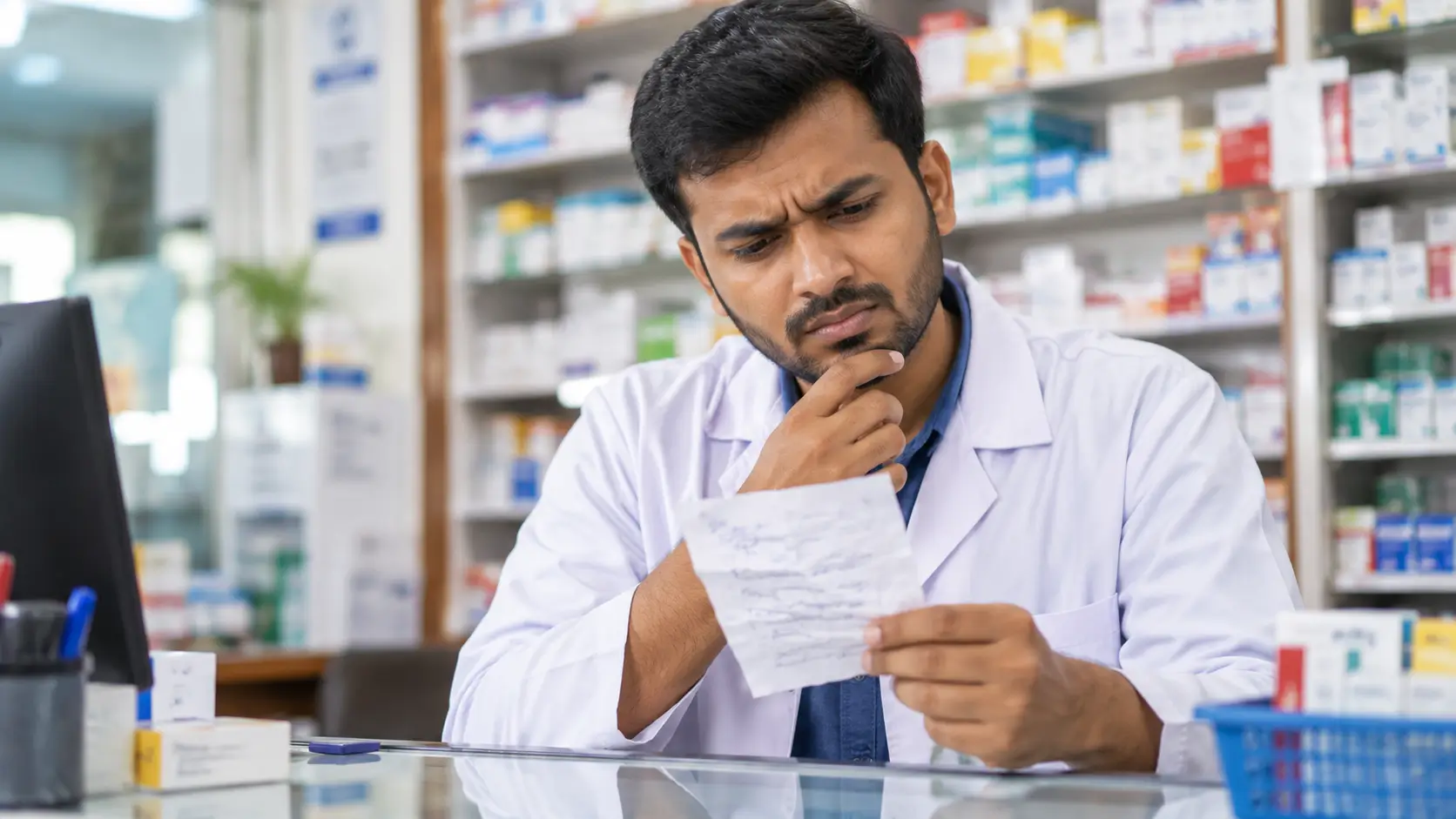 Pharmacist struggling to read a handwritten prescription
